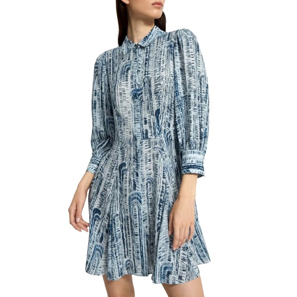 Theory 100% Silk Point-Collar Shirtdress Block Printed 3/4 Sleeves Mini Dress 4 - Picture 3 of 10